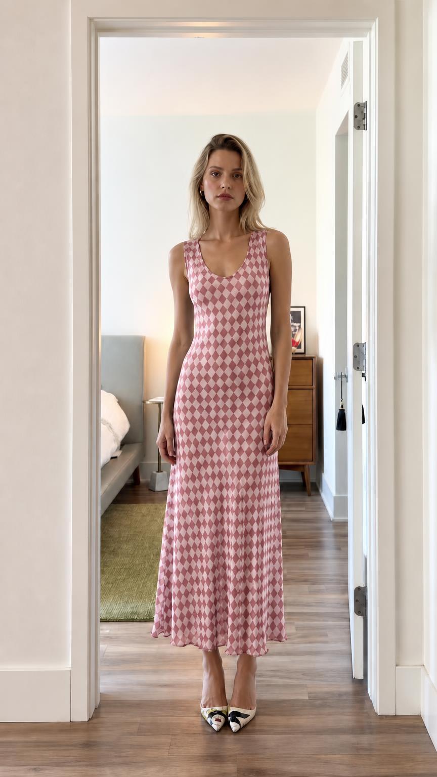Front view of model wearing pink argyle dress