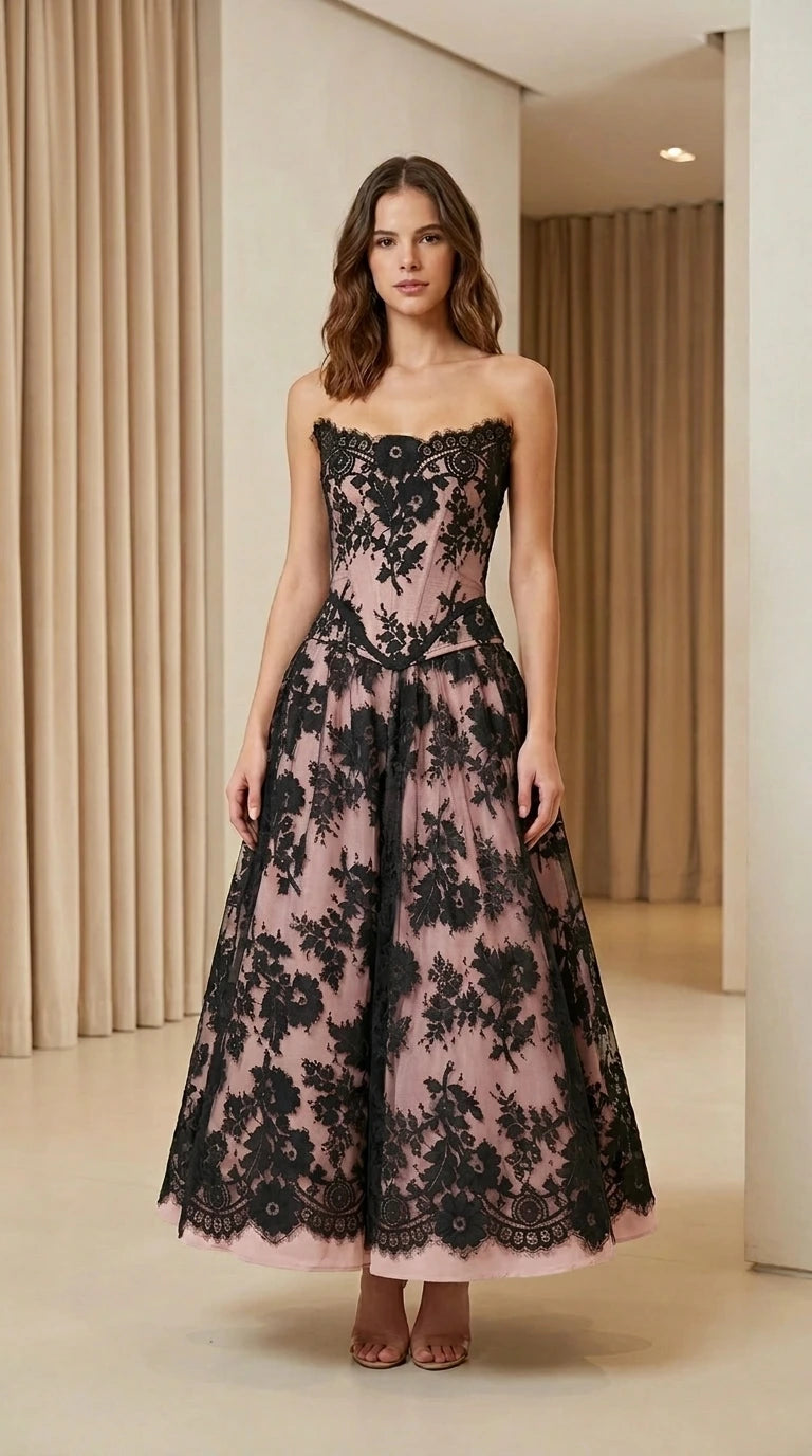 Model wearing pink color variant of lace corset midi dress