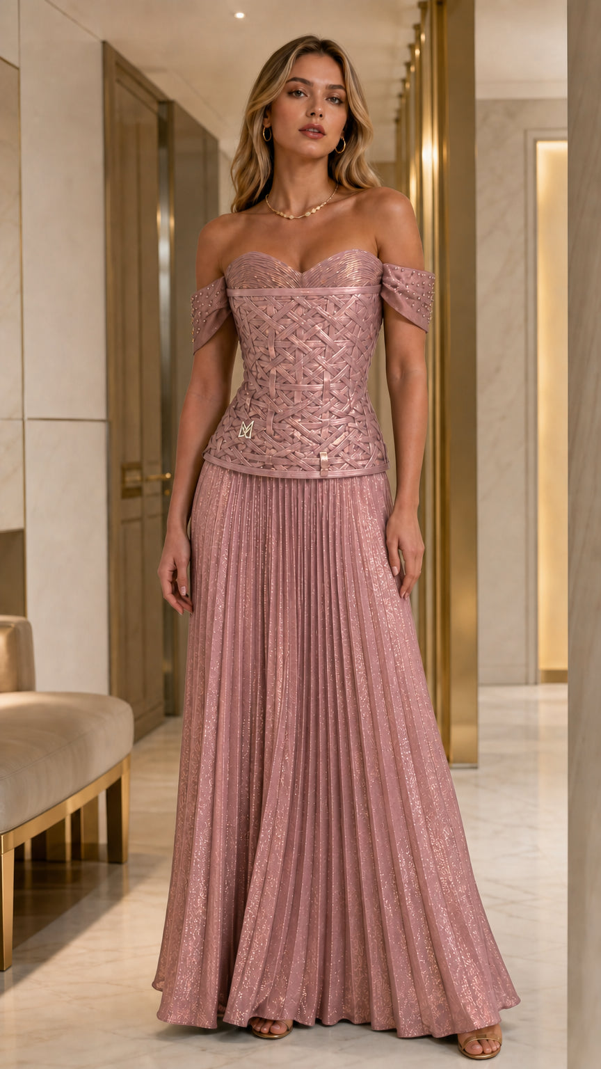 Full view of model wearing pink metallic evening gown