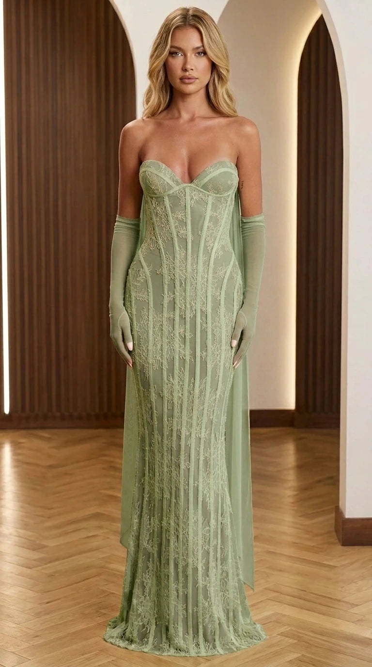 Front view of sage green strapless corset evening gown with gloves