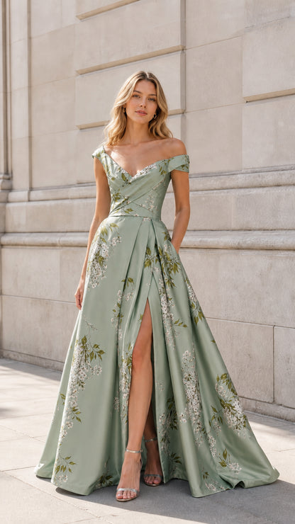 Front view of Sage Green off-shoulder floral satin evening gown