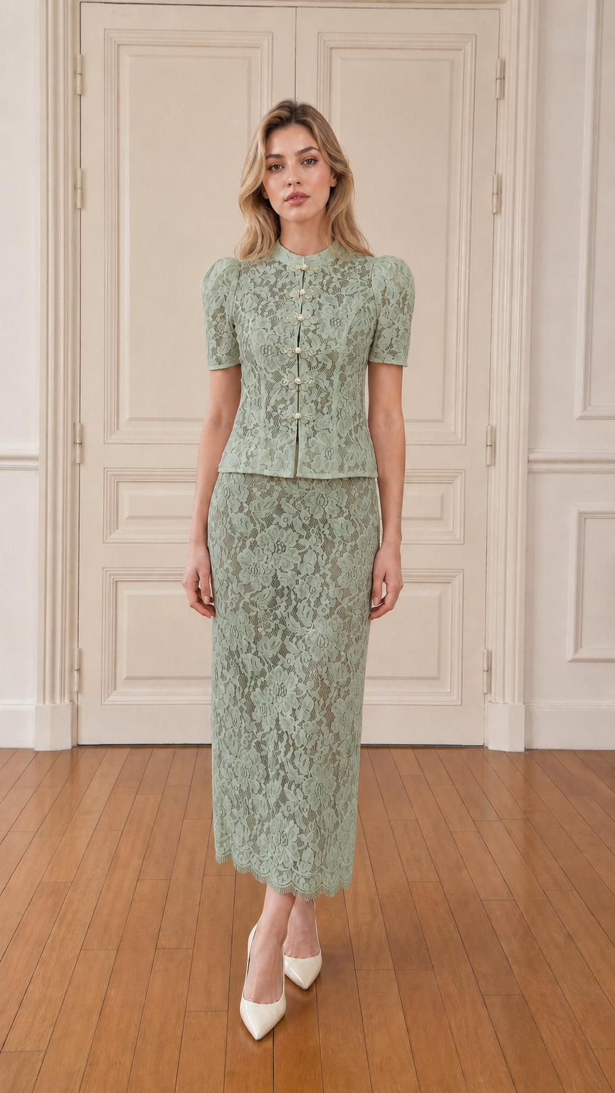Model wearing sage green lace two-piece set