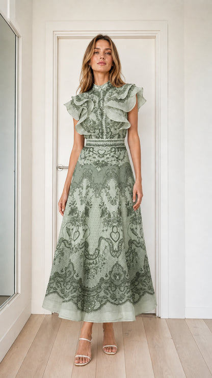 Sage green variant of the elegant ruffled midi dress
