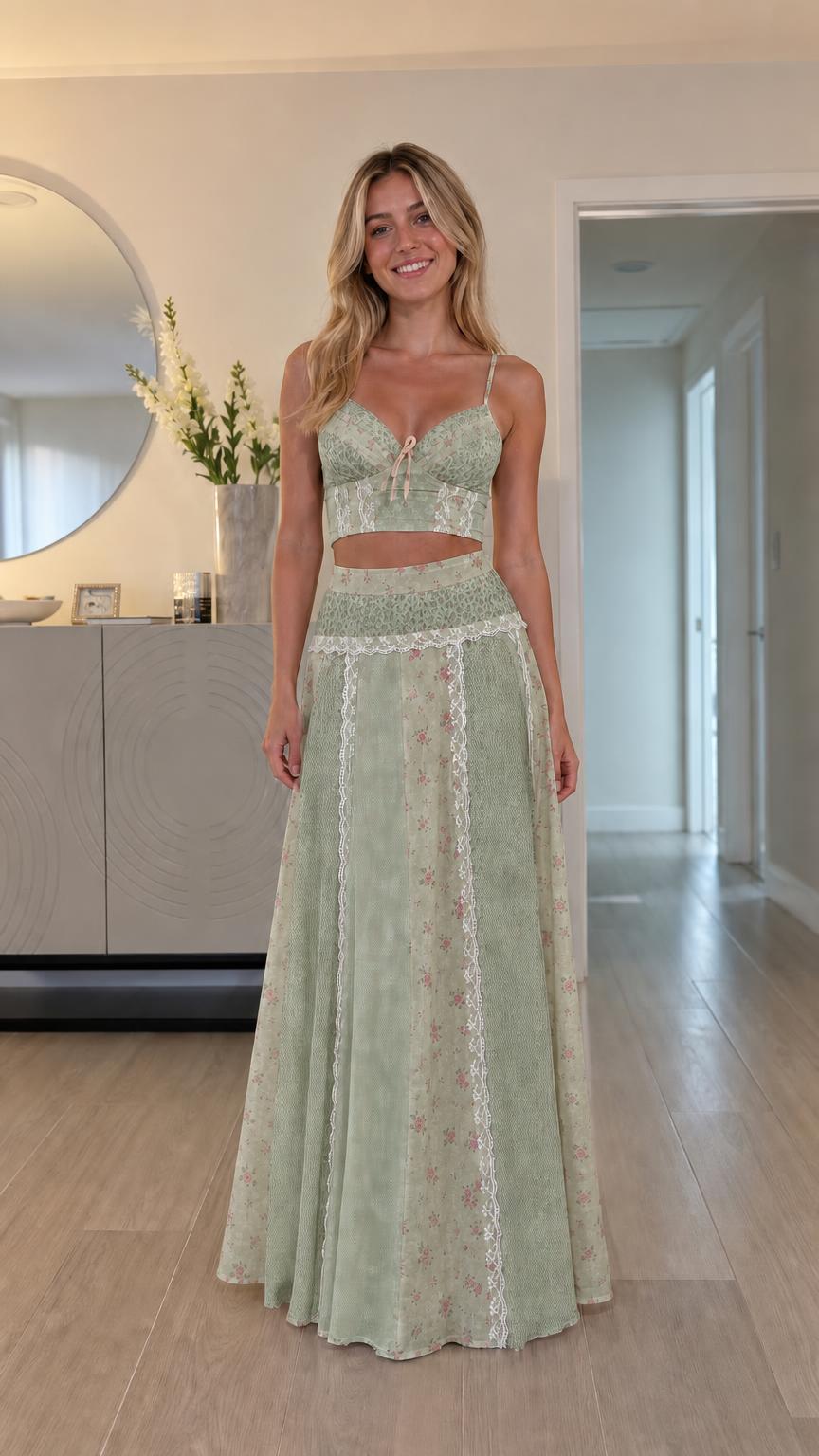 Model wearing sage green floral patchwork two-piece set