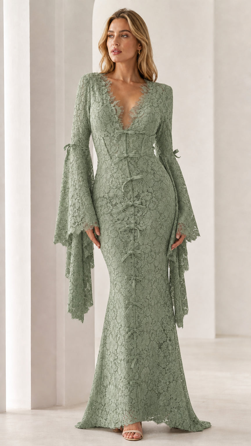 Model wearing sage green lace maxi dress