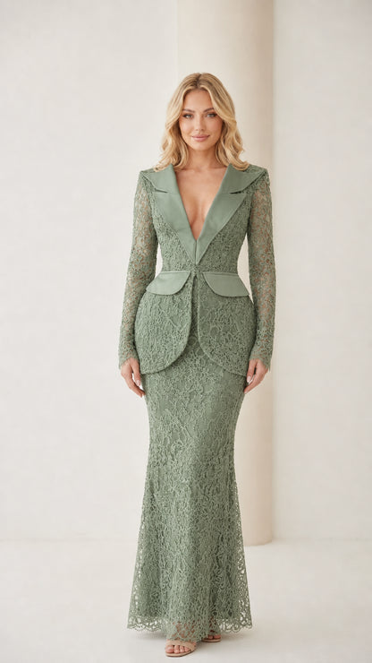 Full view of the sage green lace evening gown with satin lapels