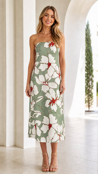 Front view of green and white floral strapless midi dress variant