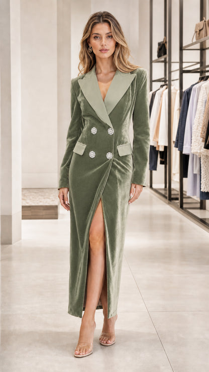 Front full view of sage green velvet blazer dress