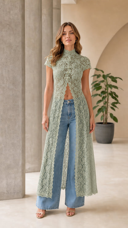 Front view of sage green lace long duster cardigan