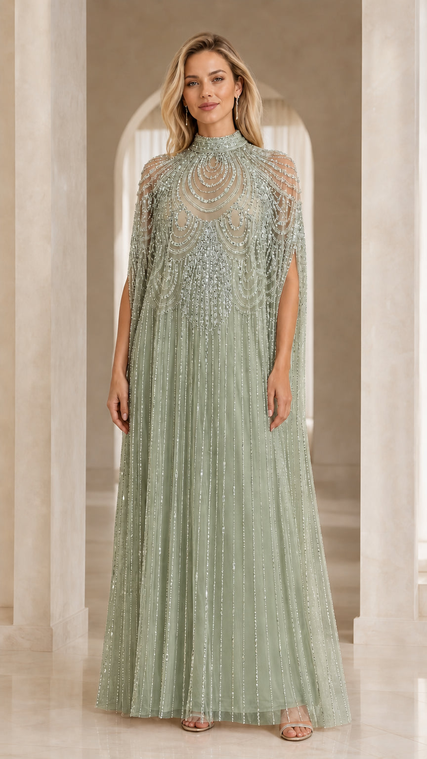 Sage green high neck beaded cape evening dress