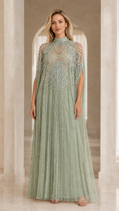 Sage green high neck beaded cape evening dress