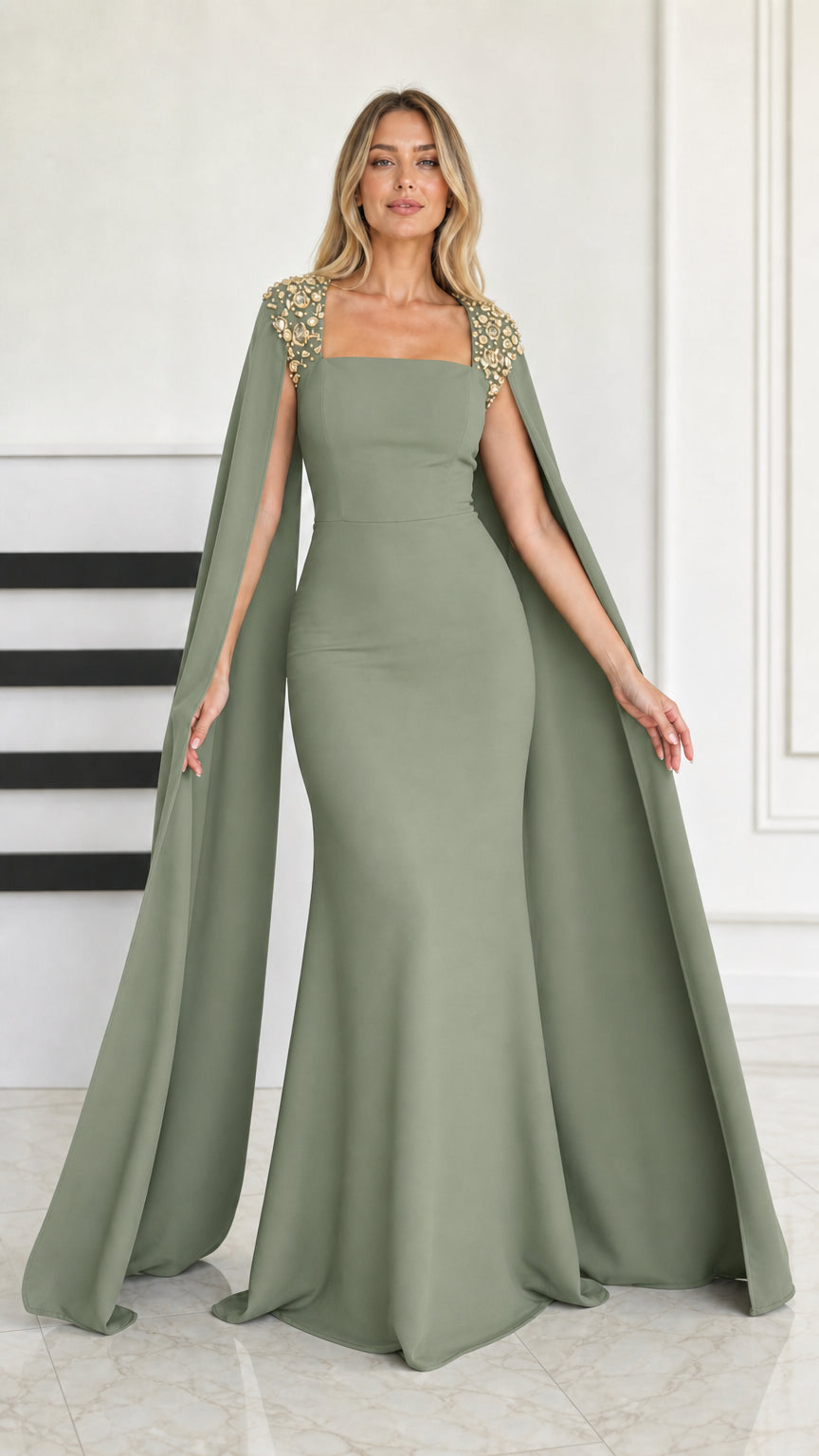 Front view of sage green cape sleeve mermaid evening gown