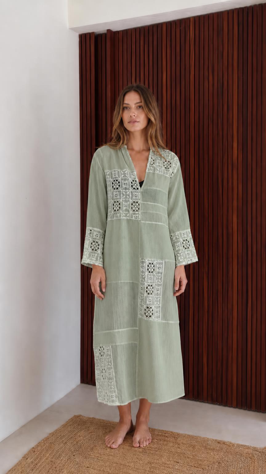 Model wearing sage boho patchwork lace long sleeve maxi dress