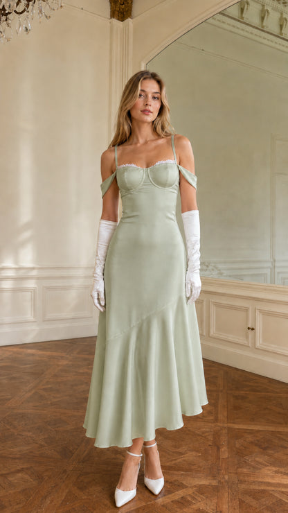 Full-length view of sage green cold-shoulder bustier satin midi dress