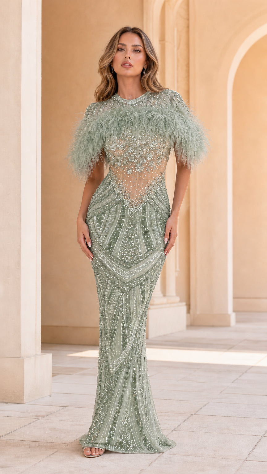 Model wearing Sage Green beaded illusion floor-length formal dress