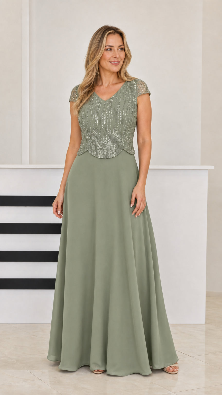 Woman wearing Sage Green beaded cap sleeve formal evening dress
