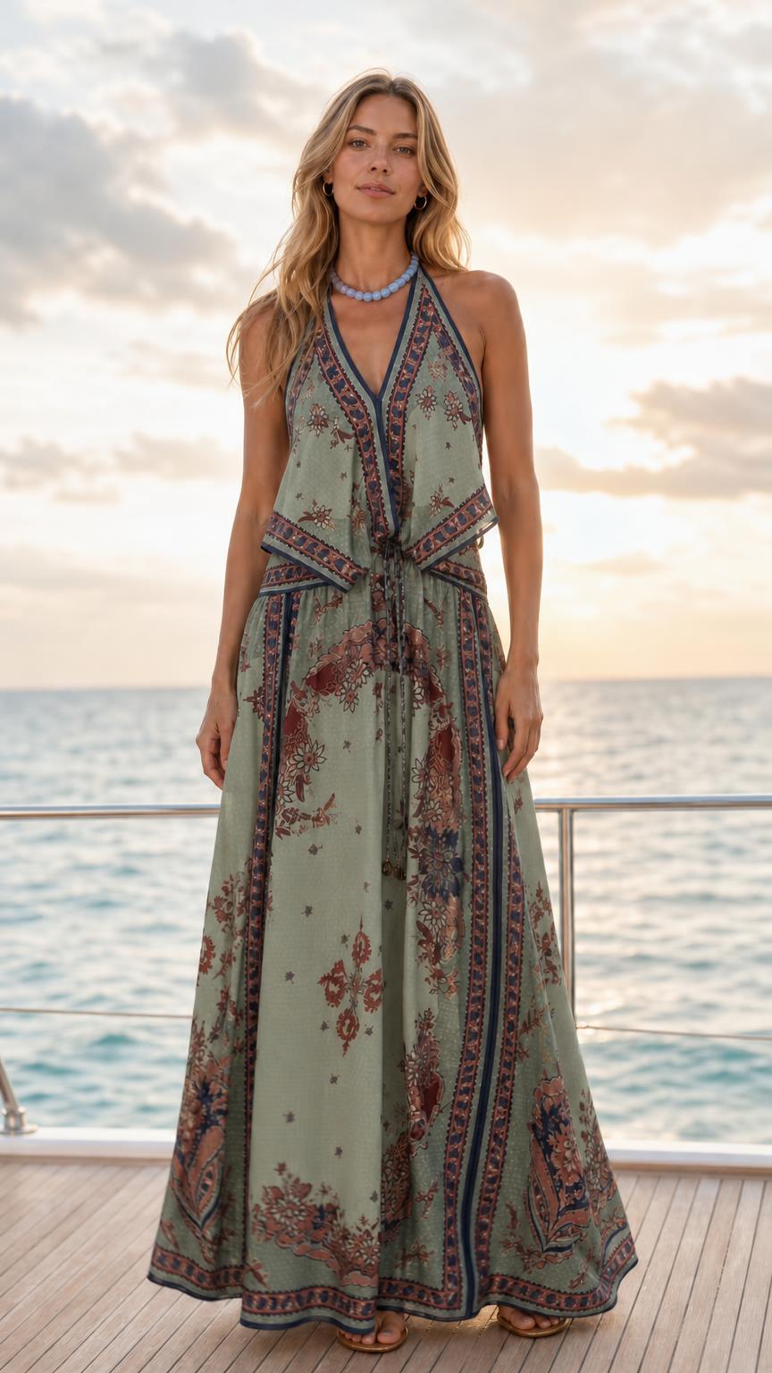 Sage color variant of halter maxi dress