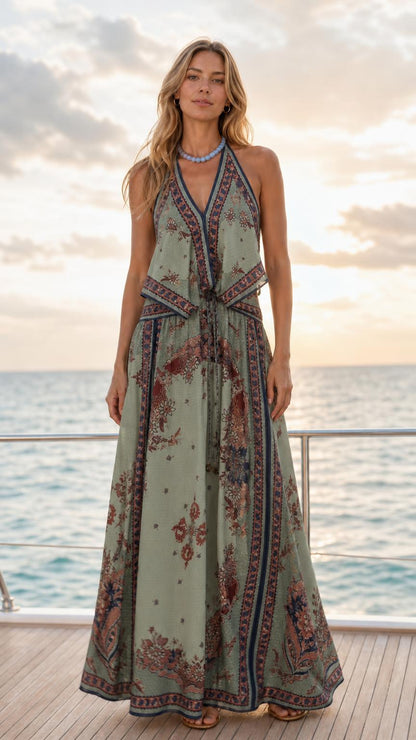 Sage color variant of halter maxi dress