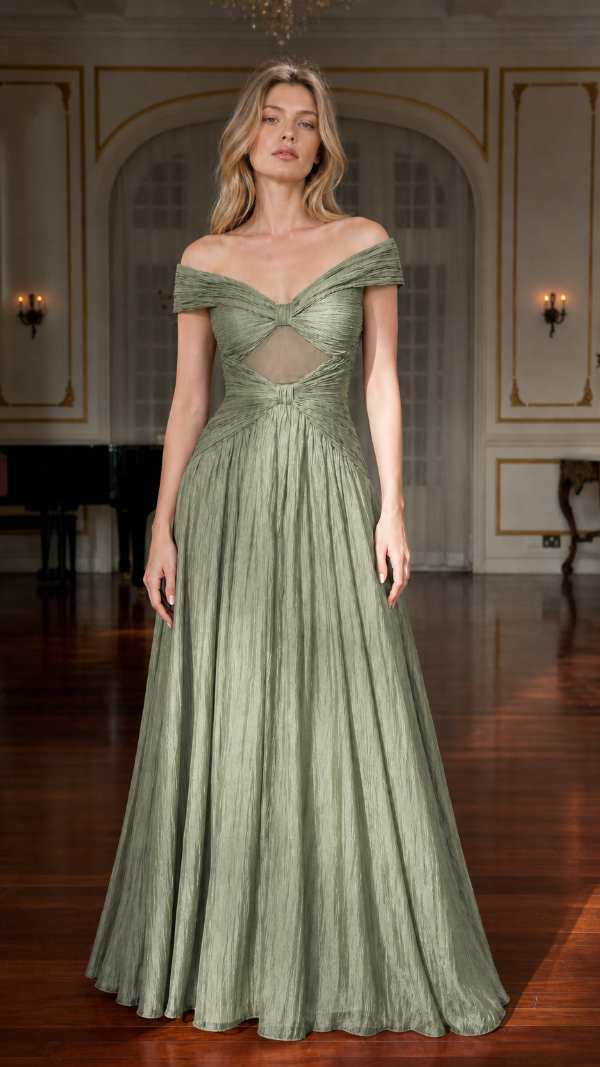 Front view of model wearing sage green pleated maxi dress