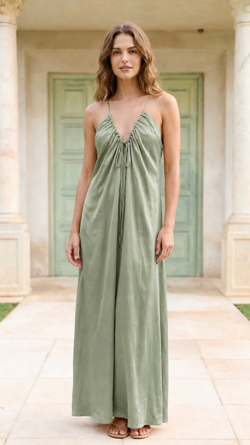 Model wearing sage green spaghetti strap maxi dress