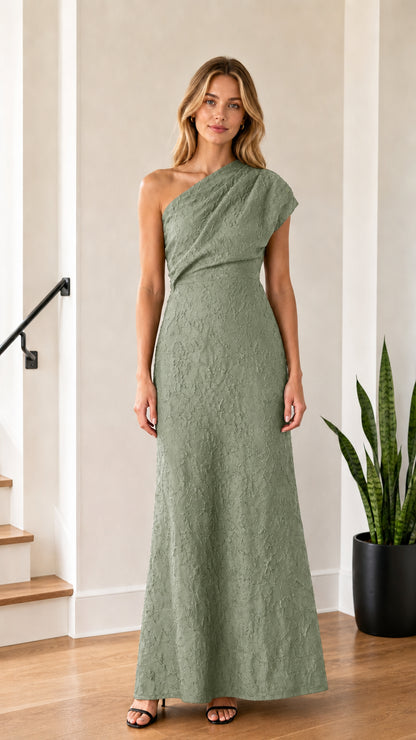 Model wearing Sage Green one-shoulder maxi dress