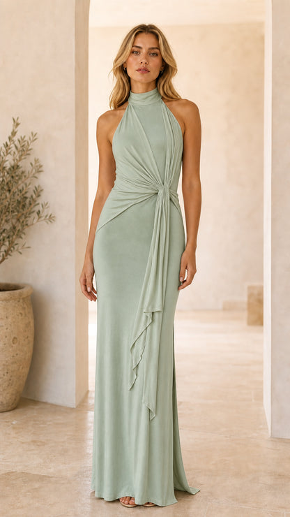 Sage Green halter neck backless draped evening maxi dress