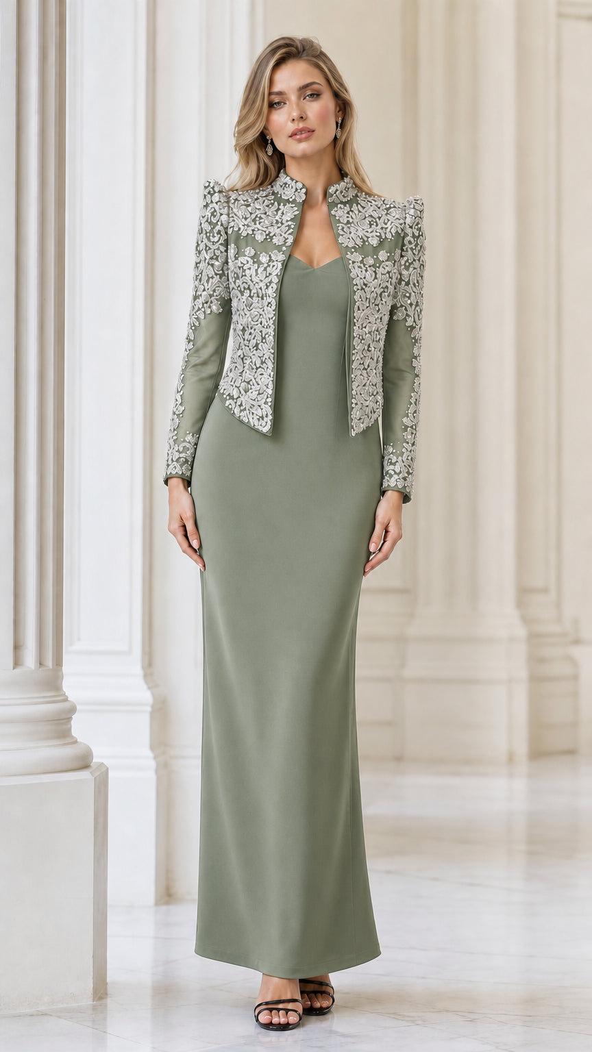 Front view of sage green formal column gown with silver embroidered bolero