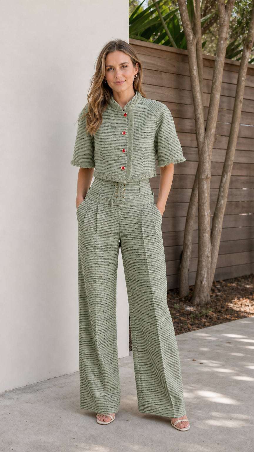 Model wearing green tweed crop jacket and wide-leg pants set