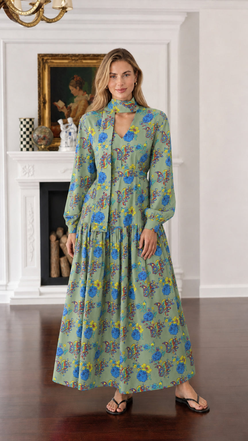Front view of woman wearing sage green floral long-sleeve maxi dress