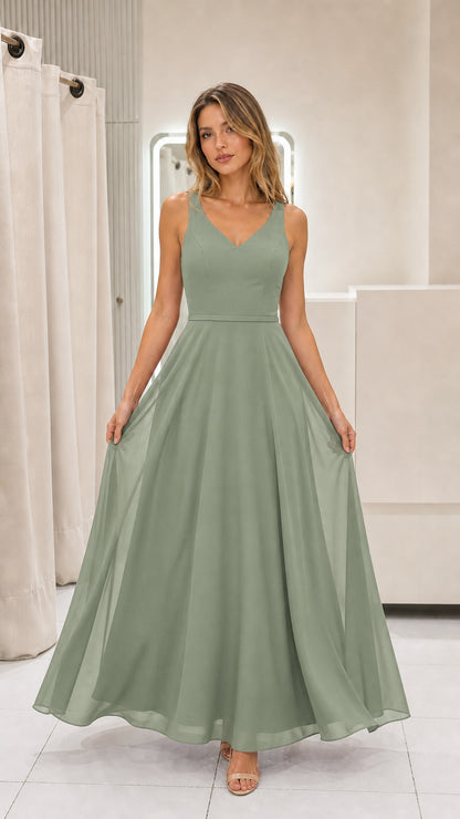 Model wearing sage green chiffon maxi dress