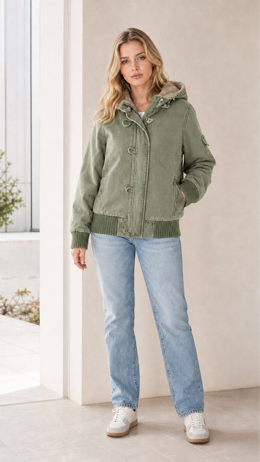 Front full view of the jacket in sage green color