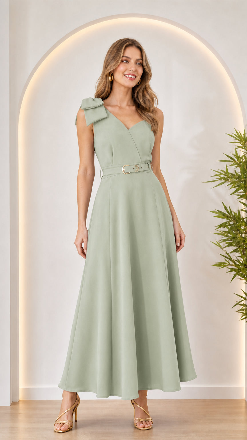 Woman wearing sage green bow shoulder maxi dress