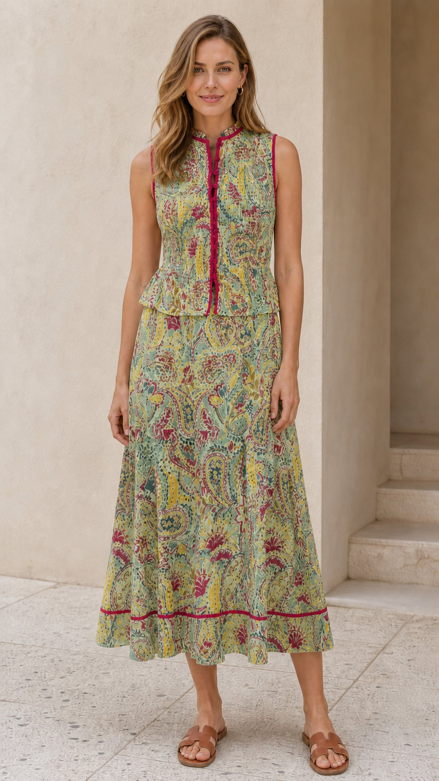 Front view of green multi paisley print midi dress