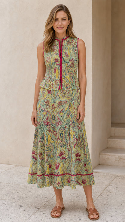 Front view of green multi paisley print midi dress