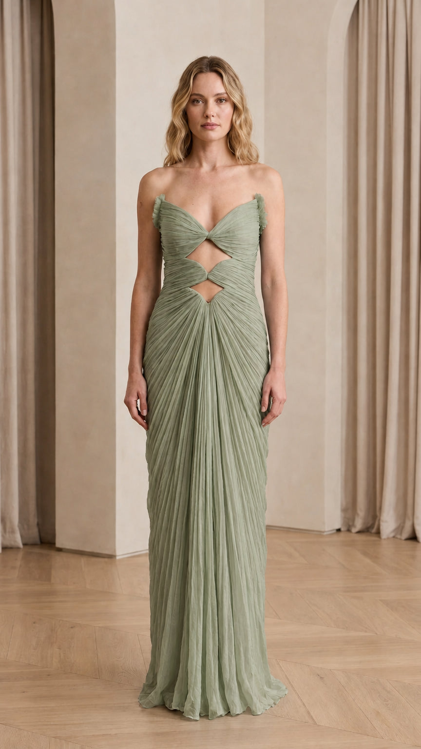 Front view of Sage Green cutout pleated evening dress