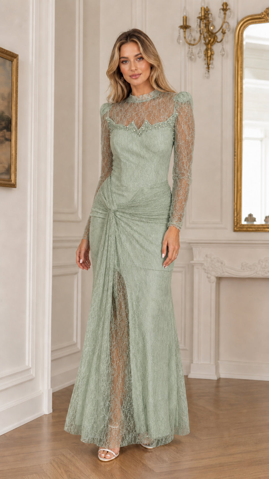 Full front view of a woman wearing a sage green long sleeve lace formal gown