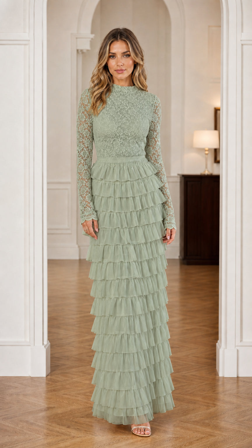Sage Green long sleeve lace tiered ruffle evening dress
