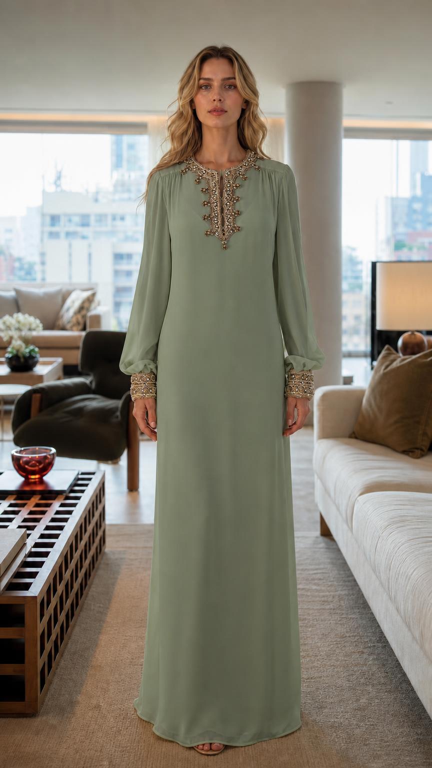 Front view of woman wearing sage embroidered long sleeve maxi dress