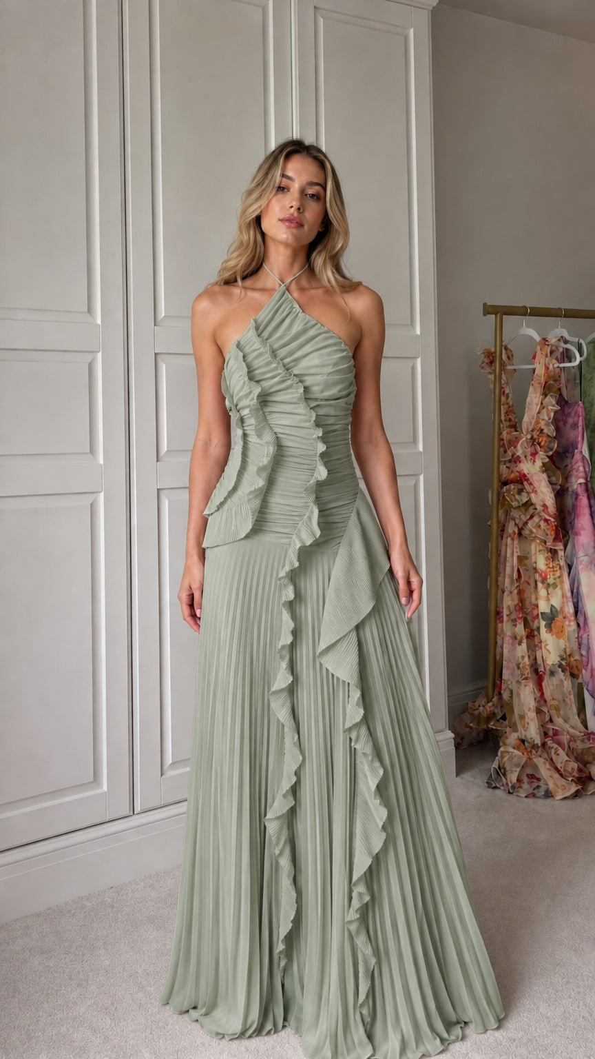 Front view of model wearing sage green halter neck pleated ruffle maxi dress
