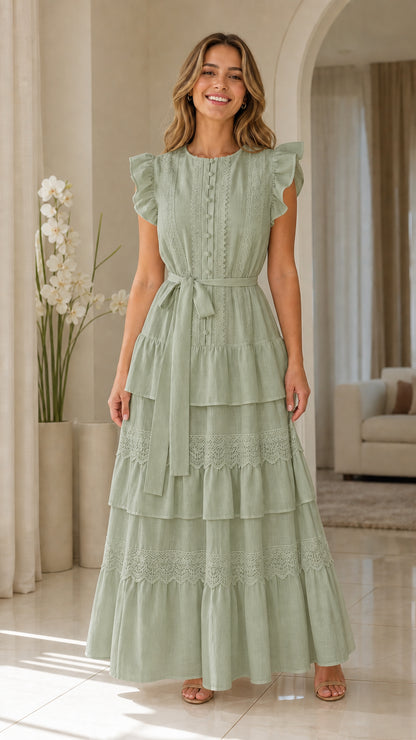 Woman wearing sage green ruffle sleeve tiered maxi dress