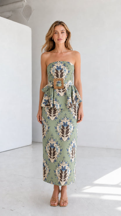 Full length view of model in sage green strapless floral midi dress