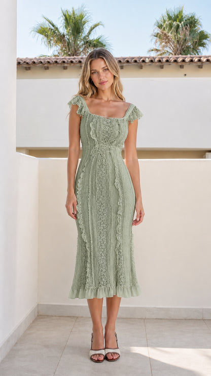 Front view of sage green color variant on model