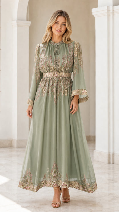 Front view of sage green paisley maxi dress