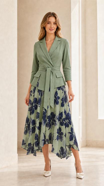 Full length view of woman wearing green blazer style floral midi dress