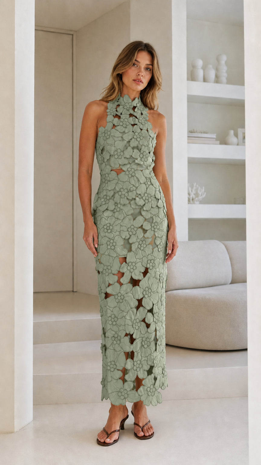 Front view of Sage floral laser-cut halter midi dress