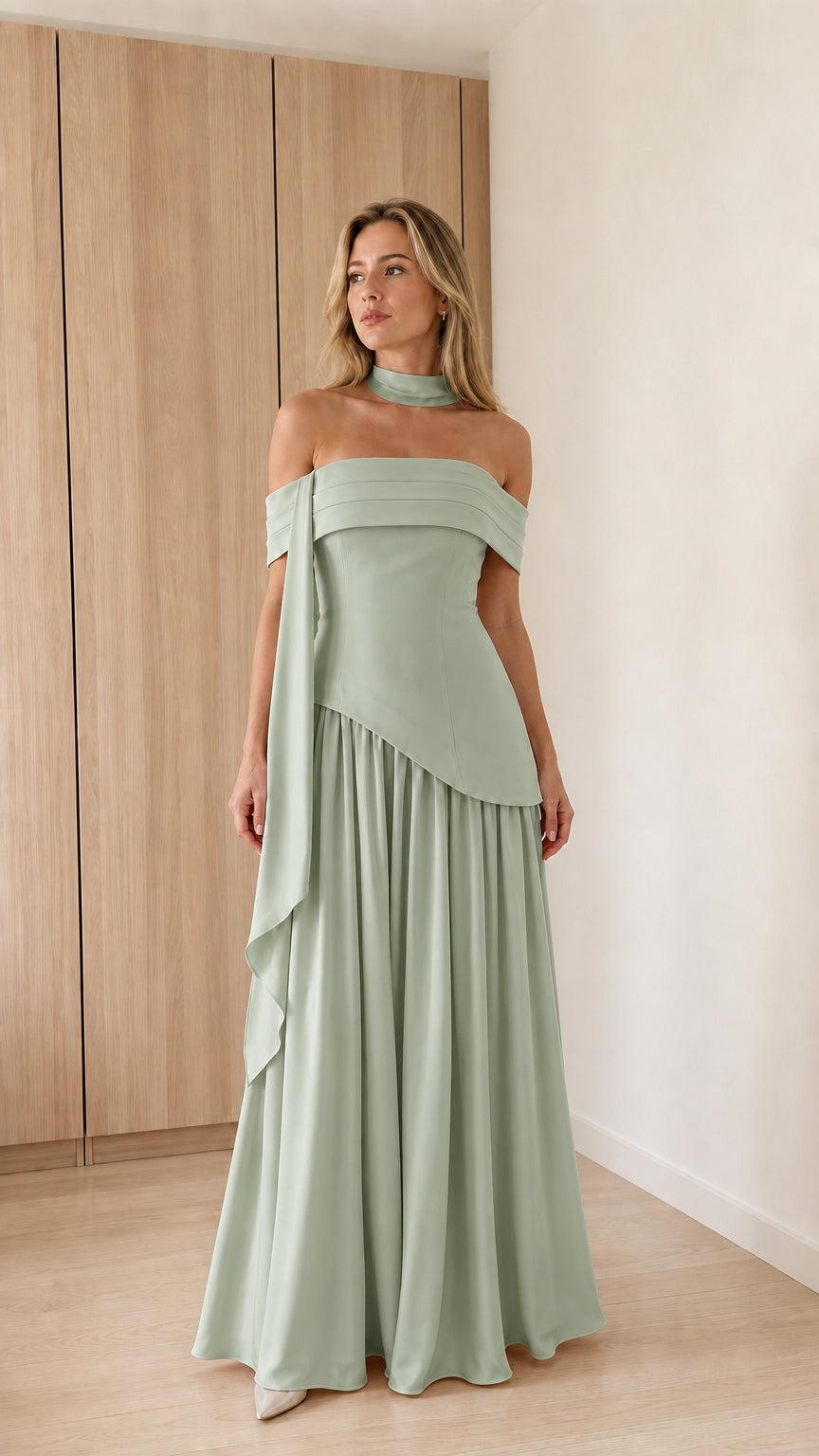 Model wearing sage green off-the-shoulder maxi dress