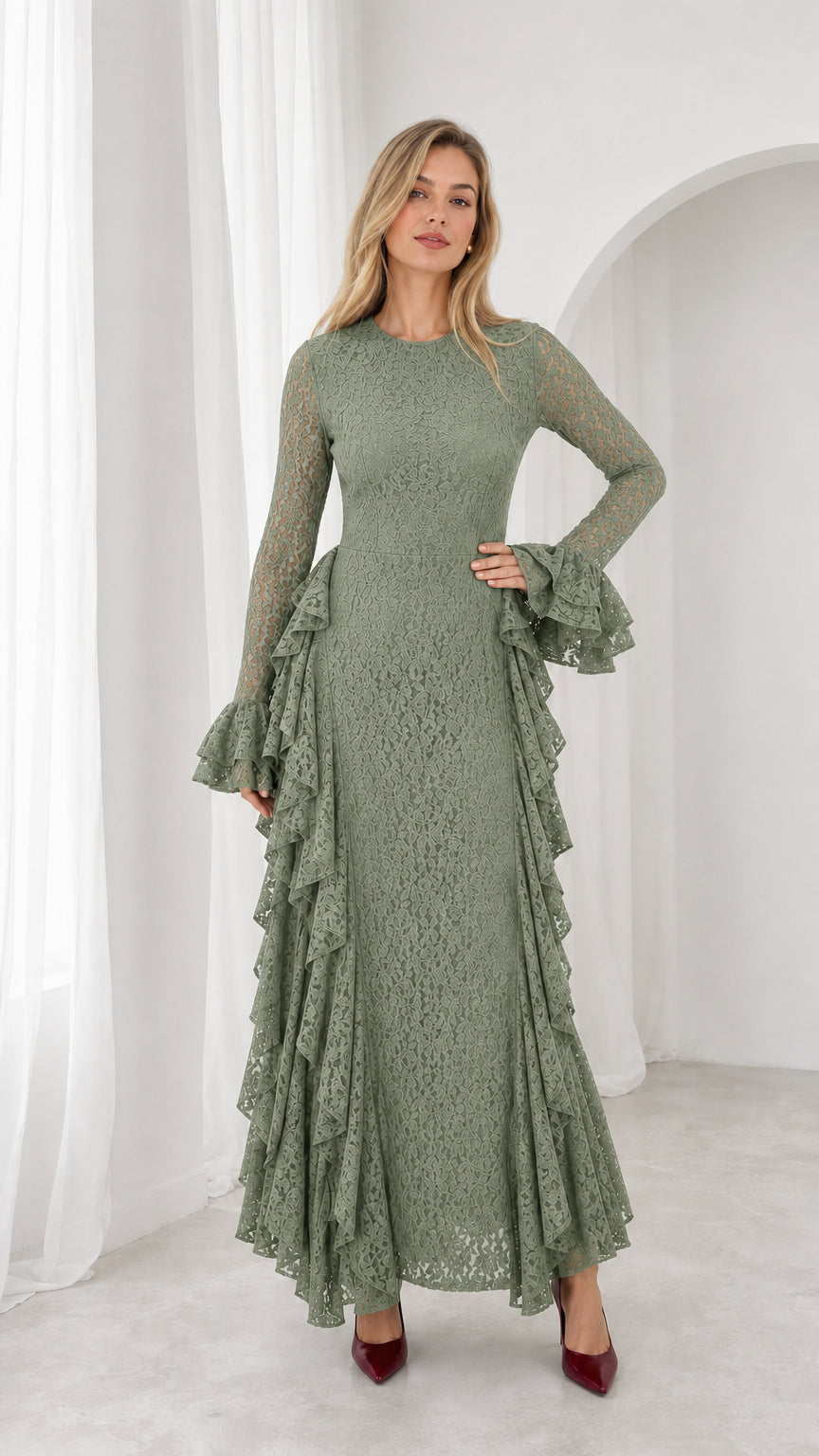 Front view of sage green floral lace long sleeve formal maxi dress