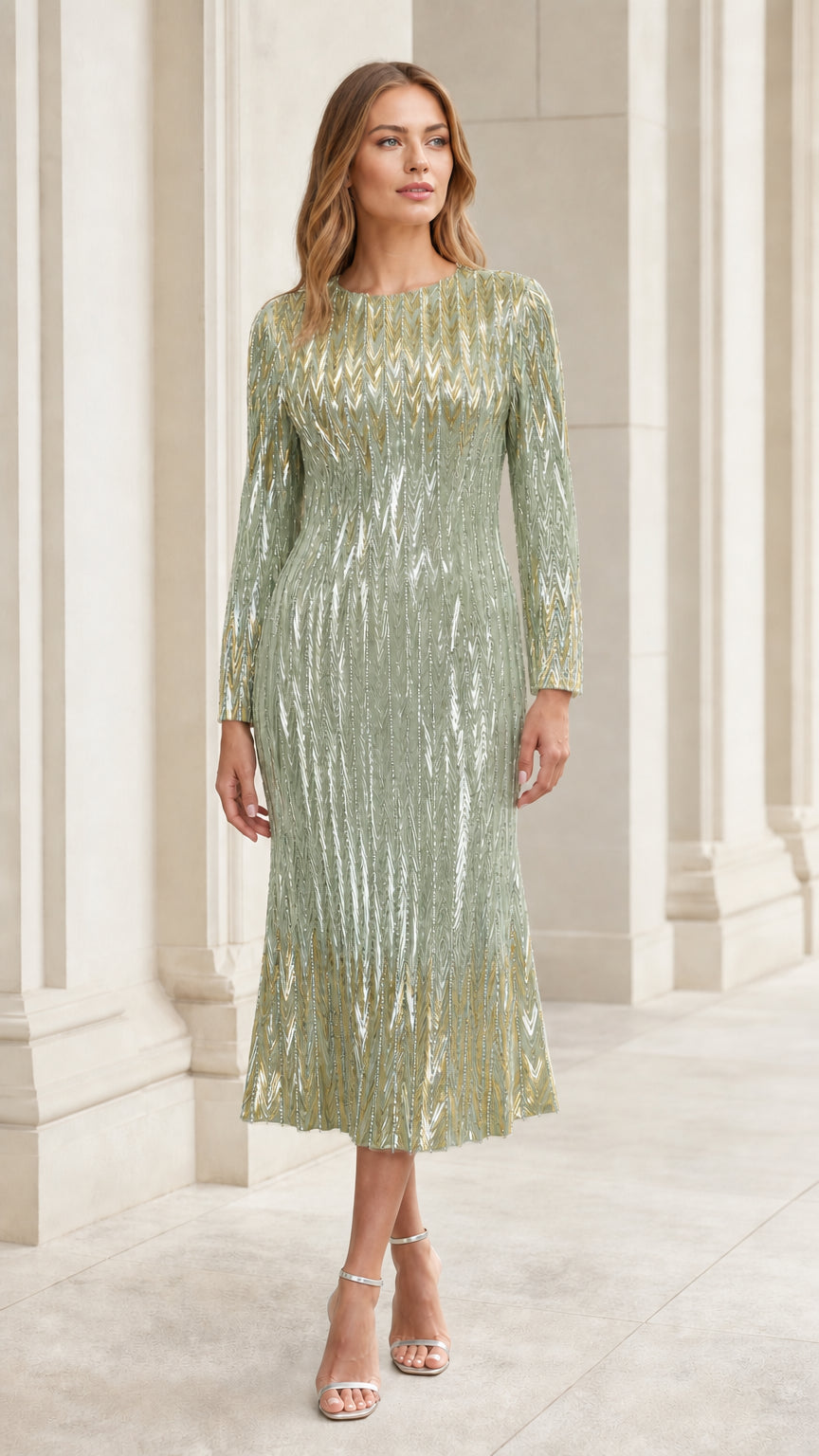 Front view of woman wearing sage green sequin chevron long sleeve midi dress