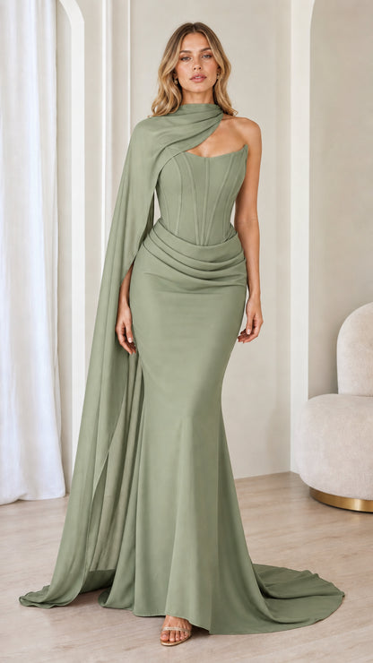Sage green strapless evening gown with attached cape scarf