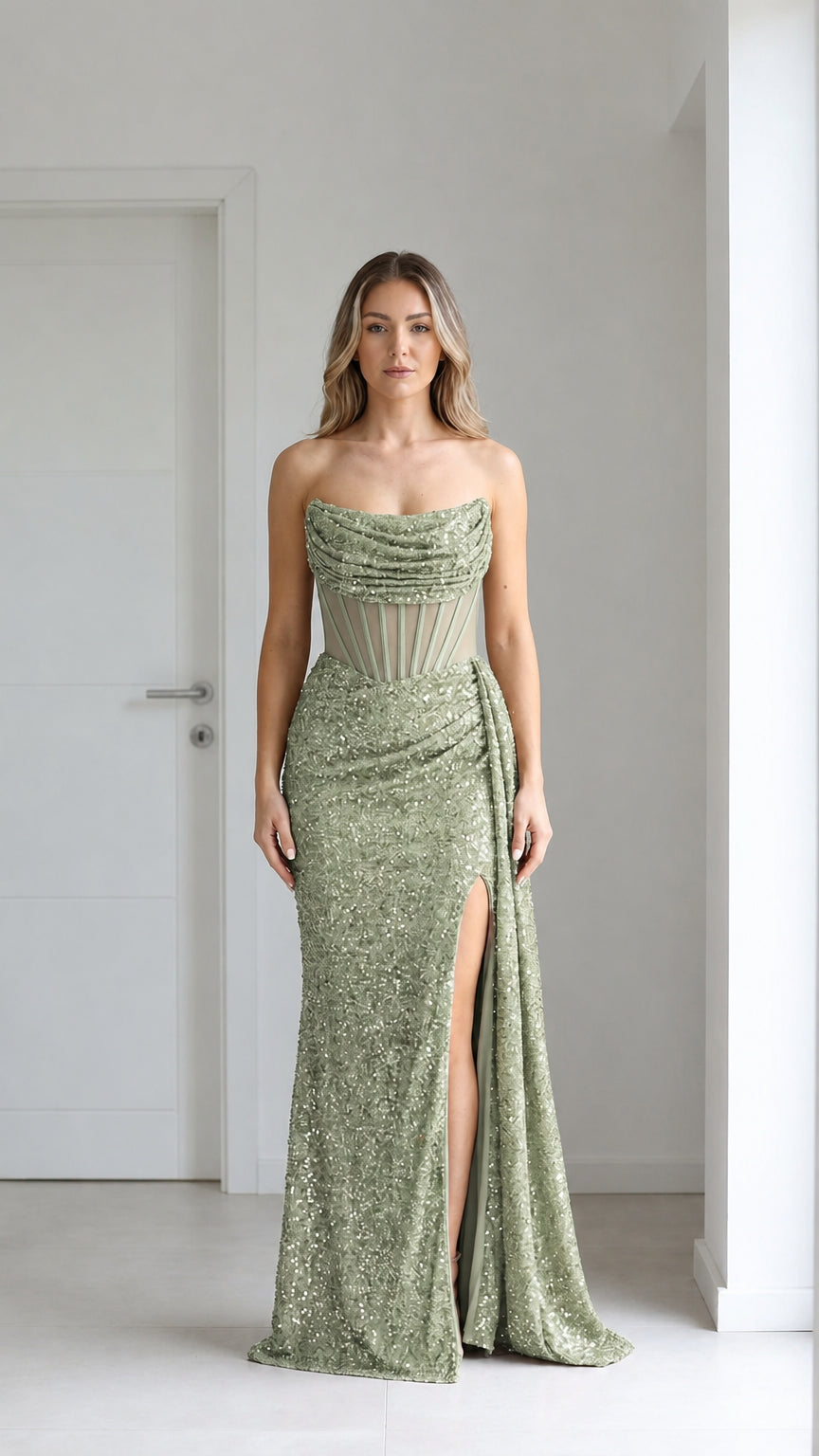 Front view of sage green sequin evening gown with high slit
